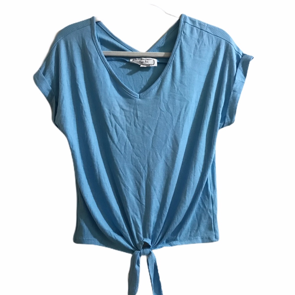 Hippie Rose Sky  Blue Tie Front Top Short Sleeve V Neck Stretch Large Pastel Lrg